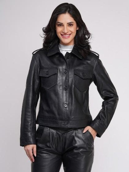 # TRUCKER WOMEN JACKET (WX 42)  :  100% NATURAL LAMB LEATHER