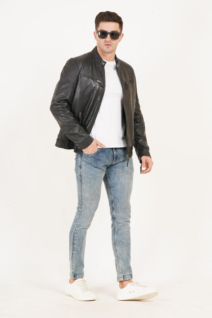 100% Heavy Washed Leather Snap Collar Jacket - Black | MX19