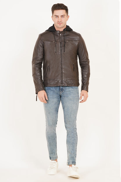 100% Heavy Washed  Detachable Hood Jacket - Brown | MX20