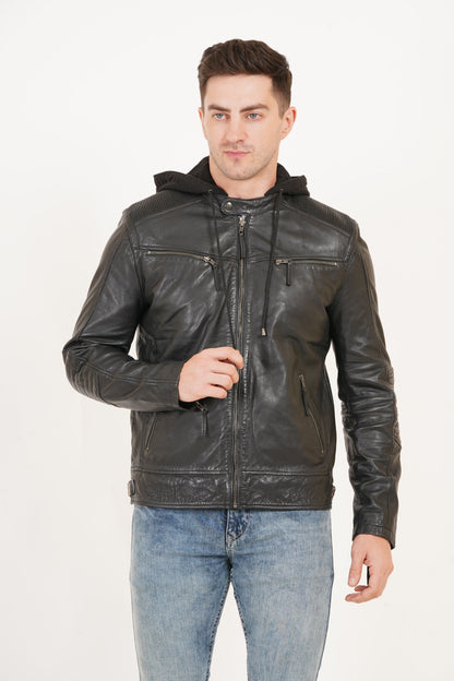 100% Heavy Washed Detachable Hood Jacket - Black | MX20