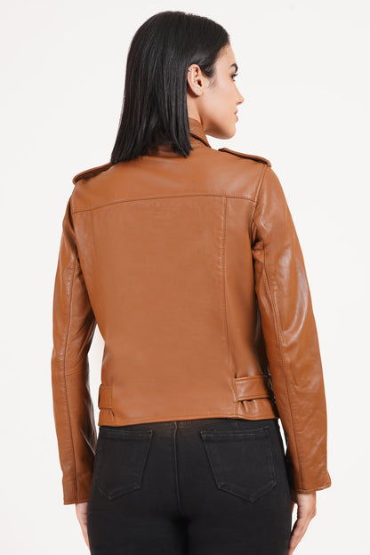 100%  Leather Motorcycle Flap Pocket Jacket - Cognac | WX88
