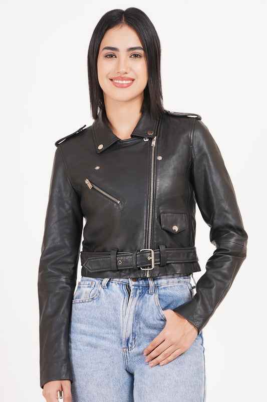 100%  Leather Crop Biker Jacket | WX21