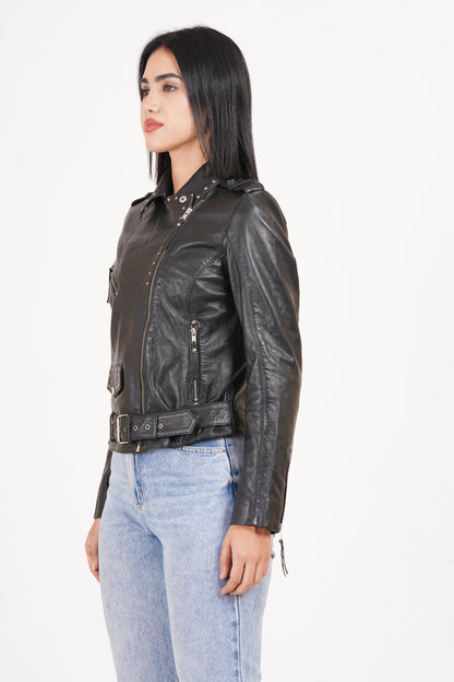 100% Leather Stud Biker Jacket | WX29