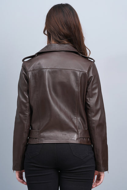 100%  Leather Motorcycle Flap Pocket Jacket - Brown | WX114