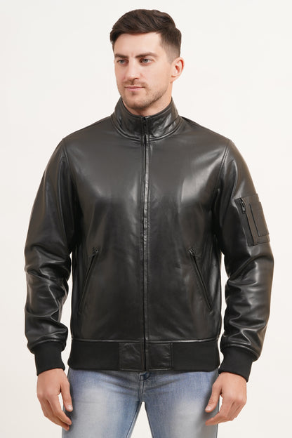 100% Washed Leather Zip Up Bomber Jacket - Black | MX80