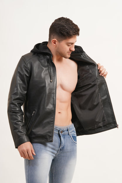 100% Leather Detachable Hood Jacket | MX45