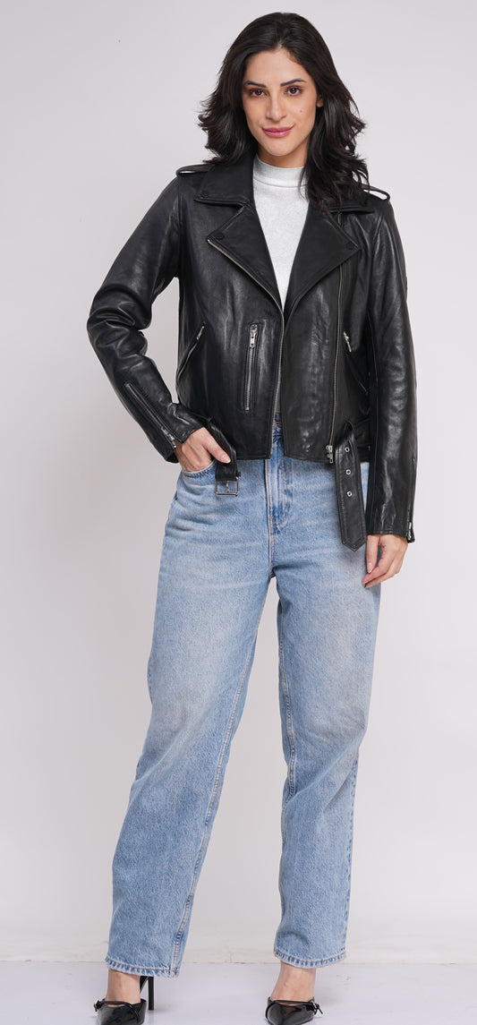 100%  Leather Motorcycle Flap Pocket Jacket - Black | WX114
