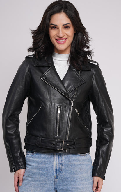 100%  Leather Motorcycle Flap Pocket Jacket - Black | WX114