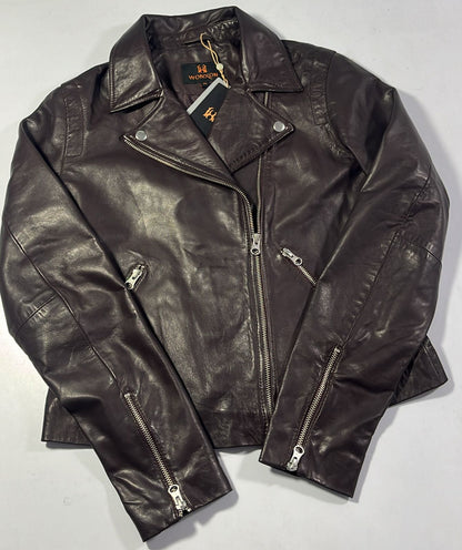 100% Washed Leather Biker Jacket: Burgundy | WX71