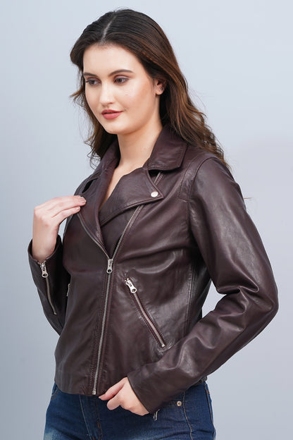 100% Washed Leather Biker Jacket: Burgundy | WX71