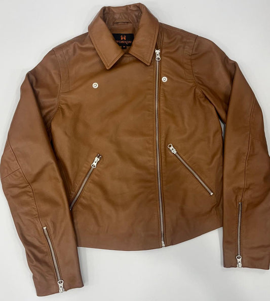 100% Washed Leather Biker Jacket: Cognac | WX71