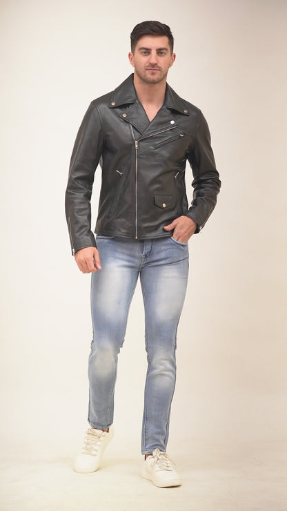100%  Leather Motorcycle Flap Pocket Jacket | MX52
