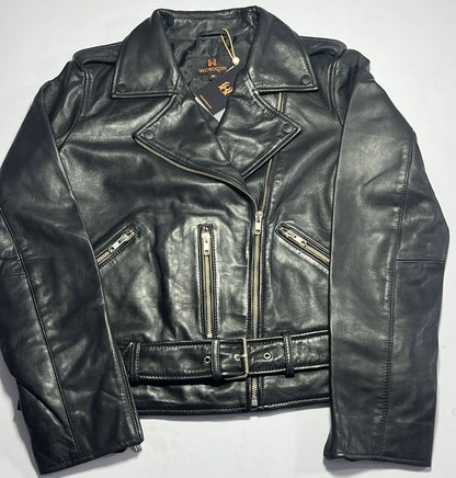 100%  Leather Motorcycle Flap Pocket Jacket - Black | WX114